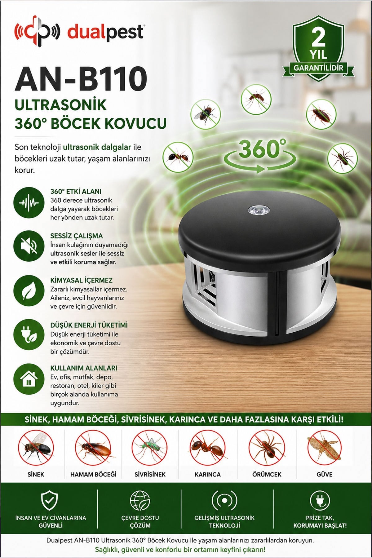 Dualpest An-B110 Ultrasonik 360 Derece Fare Kovucu - Haşere Sinek Böcek Kovucu