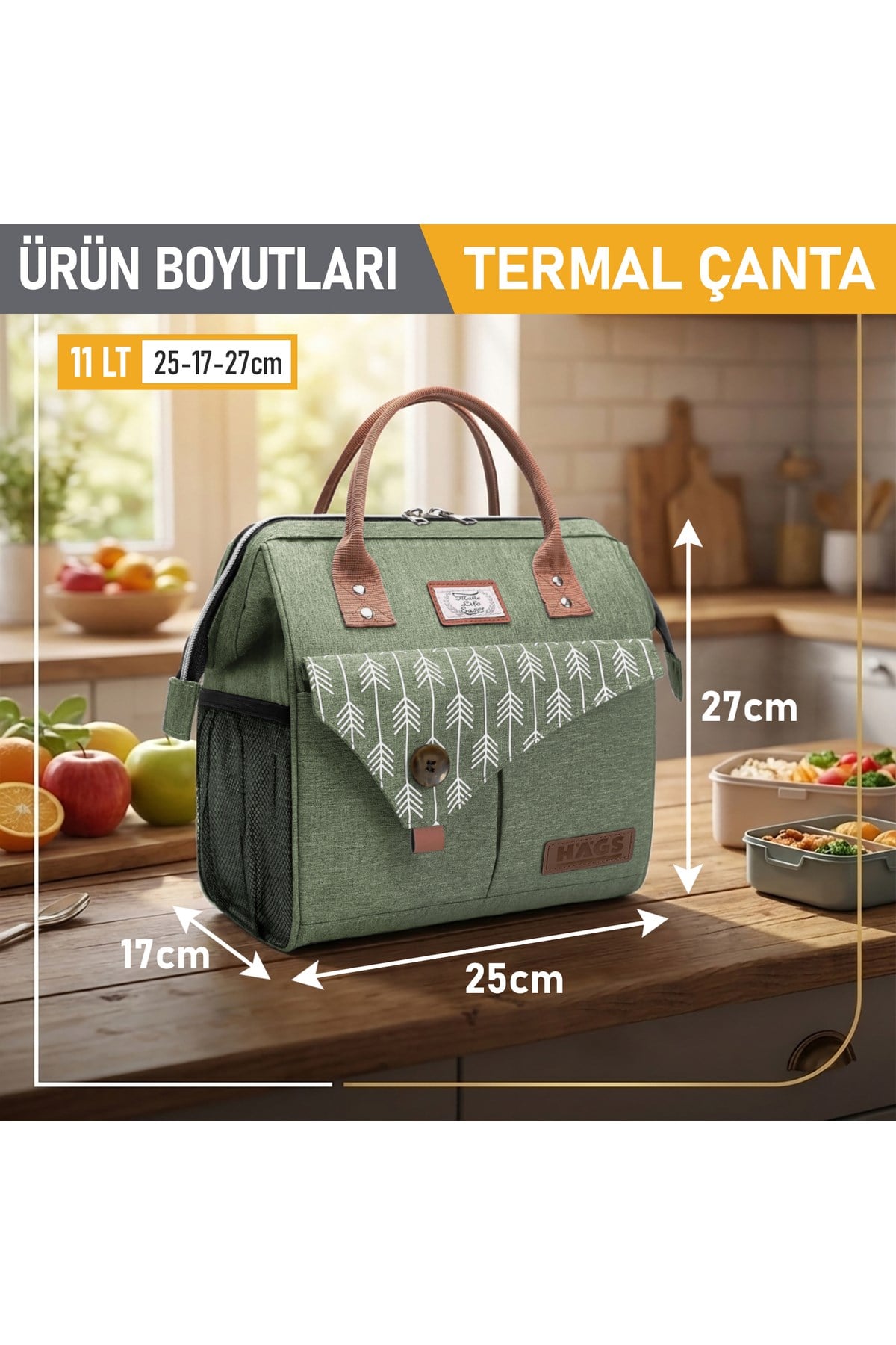 Haegs Kadın Termal Çanta, Yalıtımlı Yemek Taşıma Çantası, Sızdırmaz Beslenme Kutusu, Ofis Kamp Piknik Çantası 11L - Yeşil