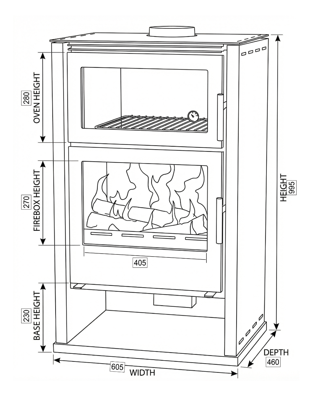 Goldfire Linea 11,5kW Odunluk ve Fırınlı Çelik Soba Şömine