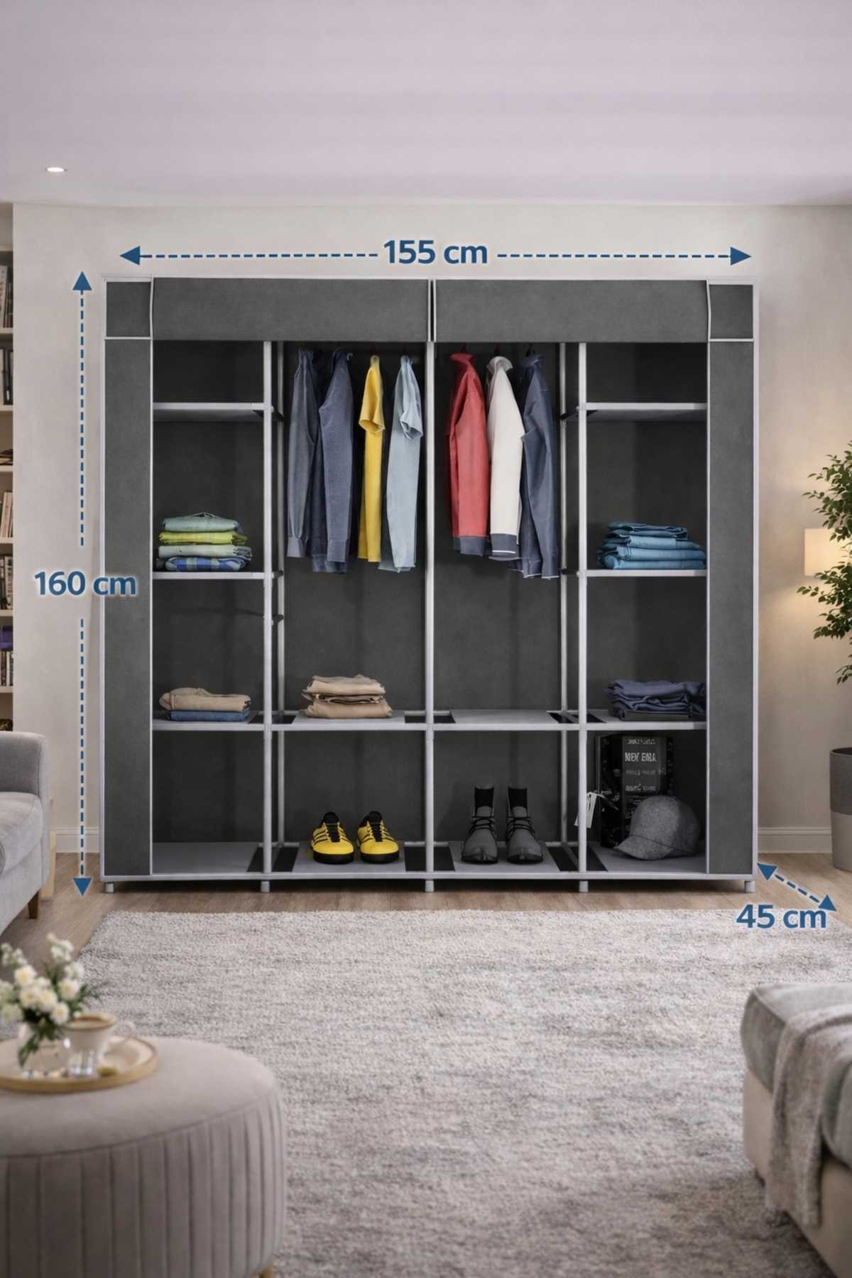 Reyo Teknor Metal Çift Askılı Bez Dolap Gri 150x160x40 cm – Geniş Hacimli Portatif Gardırop, Raflı Kumaş Dolap, Fermuarlı Elbise Düzenleyici