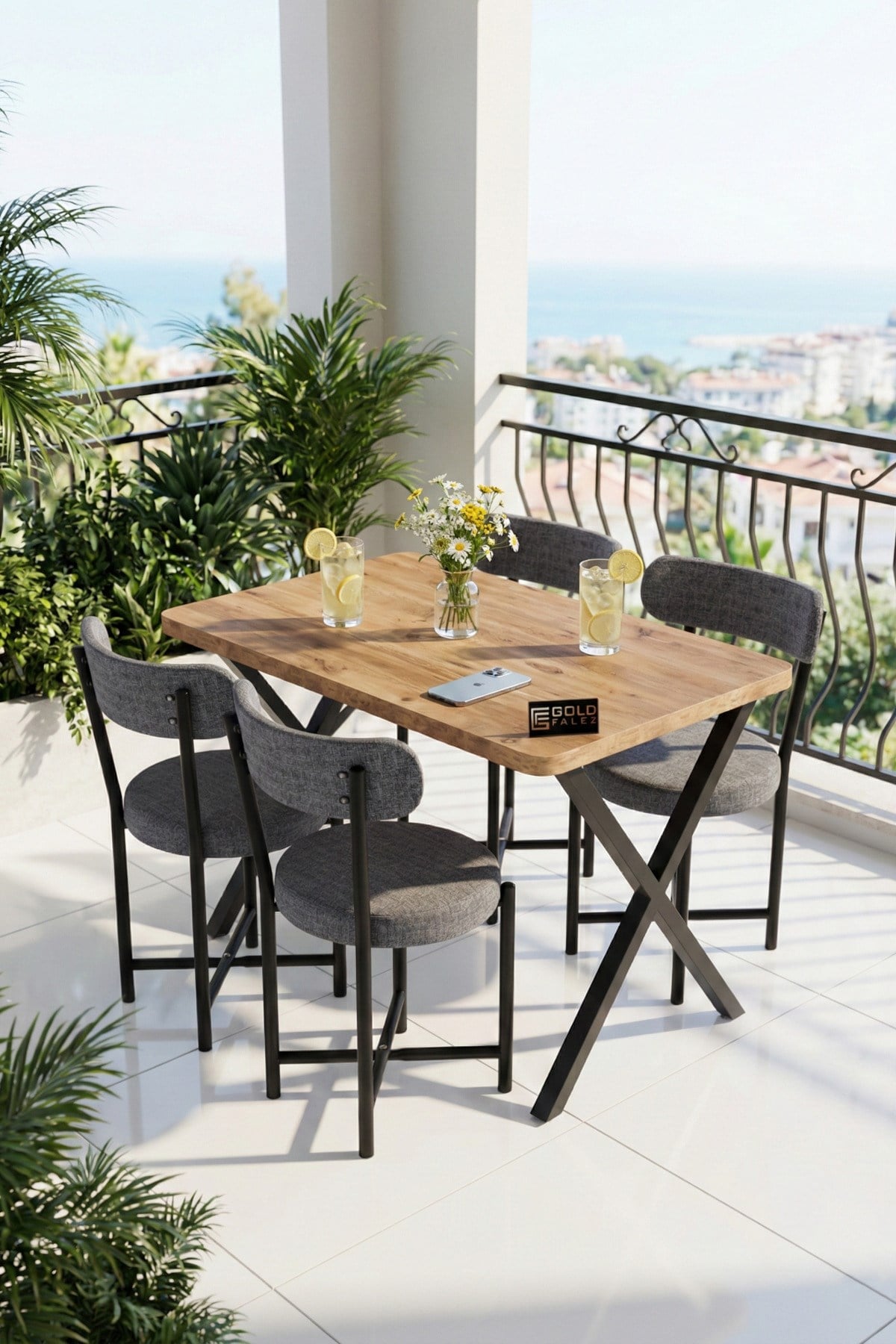 Reyo Falez Elma 110x70 cm Masa Takımı 4 Sandalyeli Modern Mutfak Balkon Kafe Yemek Masası Seti Atlantik Çam - Gri 9880