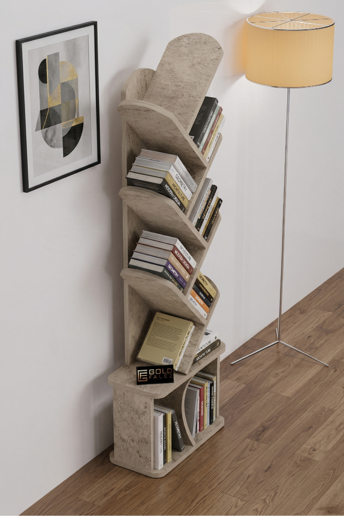 Reyo Falez 10 Raflı Kitaplık Modern Dekoratif Kitap Rafı Çok Katlı Kitap Standı Salon Ofis Organizer 7062 Traverten