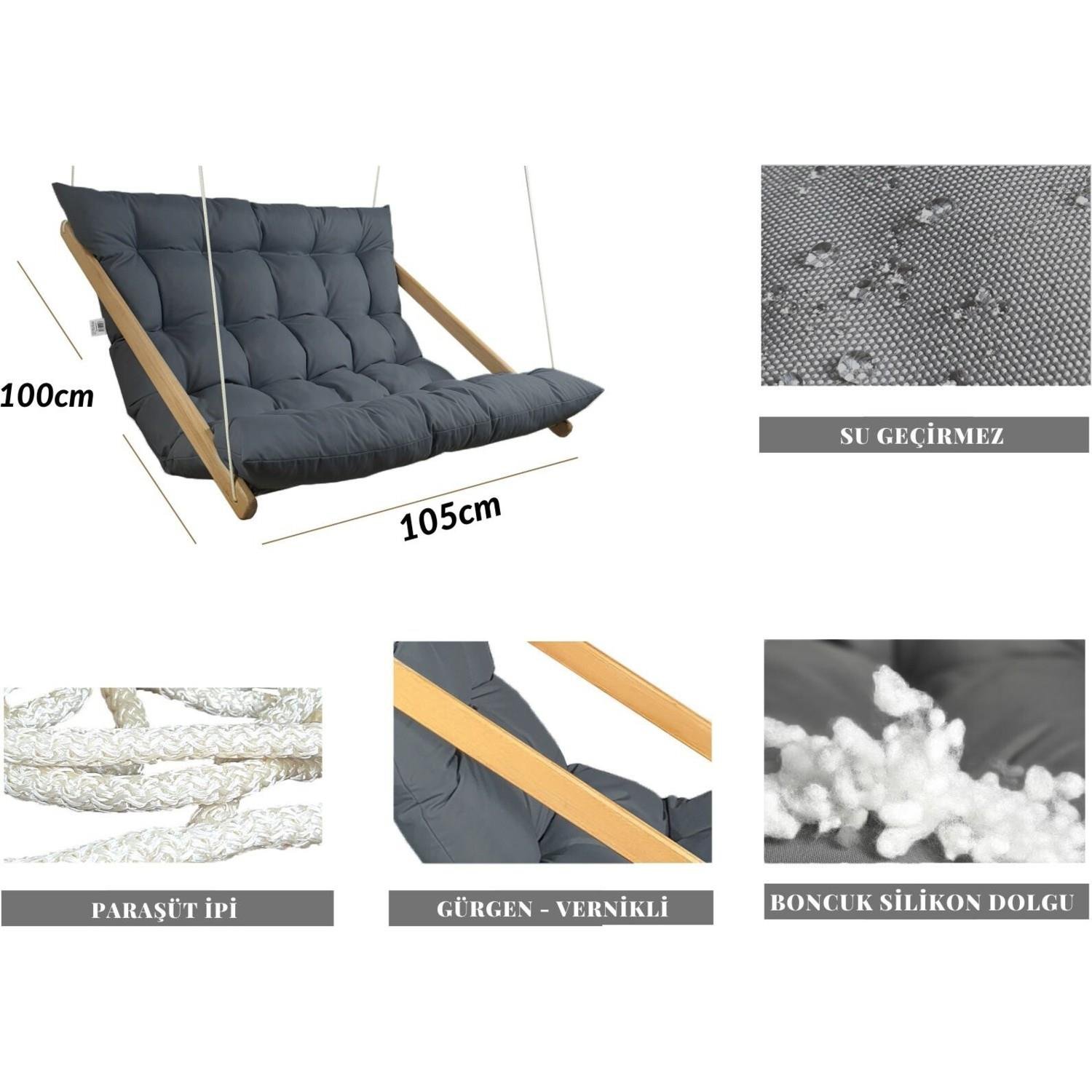 Bysay Ahşap Puf Minderli Ikili Salıncak Hamak. Ev Balkon Teras Bahçe Için (Antrasit)