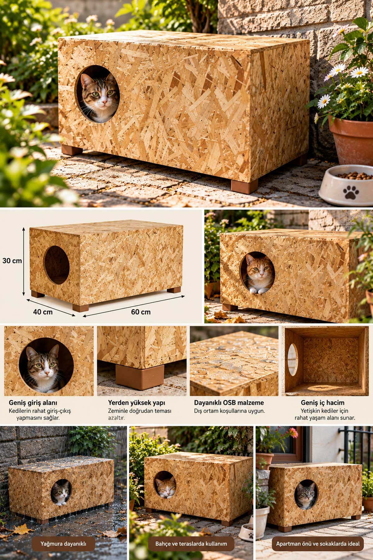 Reyo Büyük Boy Kedi Evi, Sokak Hayvanları İçin Kedi Yuvası, Ahşap Kedi Kulübesi Yağmura ve Soğuğa Dayanıklı OSB 60x40x30 cm CAT24