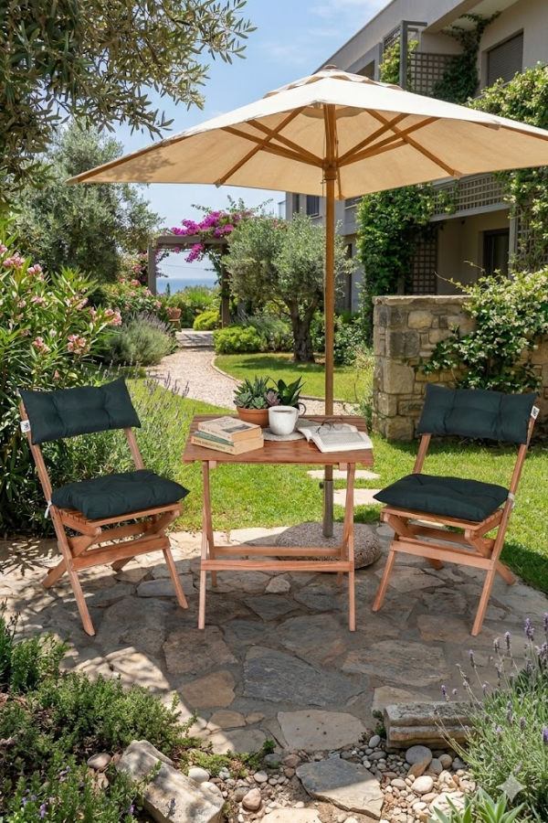 Reyo Ahşap Katlanır Puf Minderli 3'lü Bistro Set Bahçe Takımı Naturel Yeşil