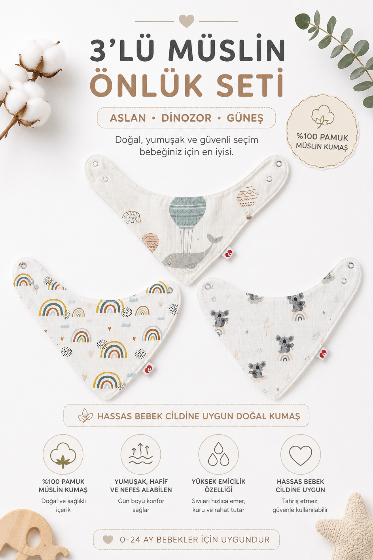 Reyo Beberotti 3'lü Müslin Bebek Önlük Fular Seti - Koala, Gökkuşağı ve Balina, %100 Pamuk Müslin Kumaş, Emici, Nefes Alabilen, Ayarlanabilir Çıtçıtlı Bebek Önlüğü
