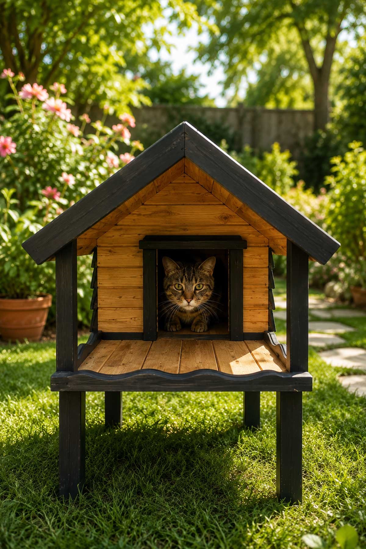 Narım Isı Yalıtımlı Ahşap Kedi kulübesi, Kedi Evi Kedi Yuvası Dış Mekan Özel Tasarım 50x70x80 cm