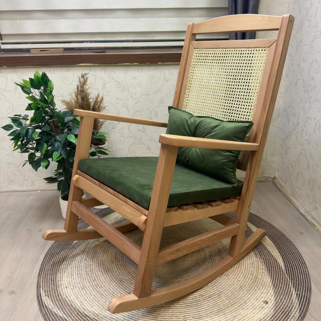 Asedia Veranda Naturel Yeşil Minderli Hasırlı Sallanan Sandalye Hazeranlı Dinlenme Koltuğu