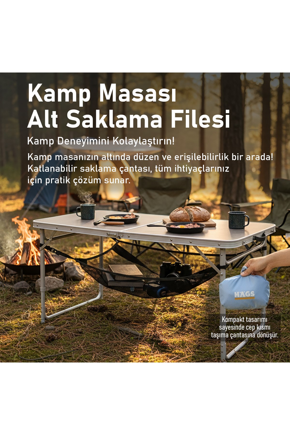 Haegs Masa Altı Saklama Filesi, Kamp için Masa Altı Eşya Depolama, Düzenleyici Organizer Kese File  XL  / 80x40 cm - Gri