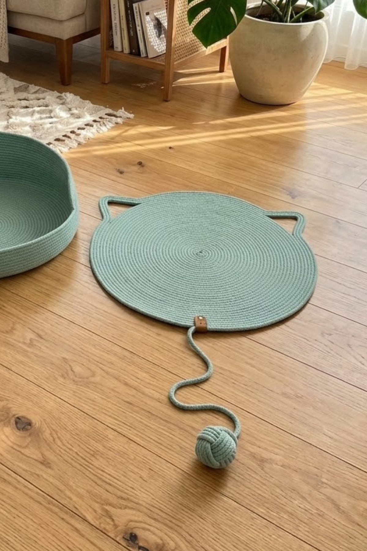 Reyo Pet El Yapımı Oyuncaklı Kedi Tırmalama Matı %100 Pamuk İpli Çağla Yeşili