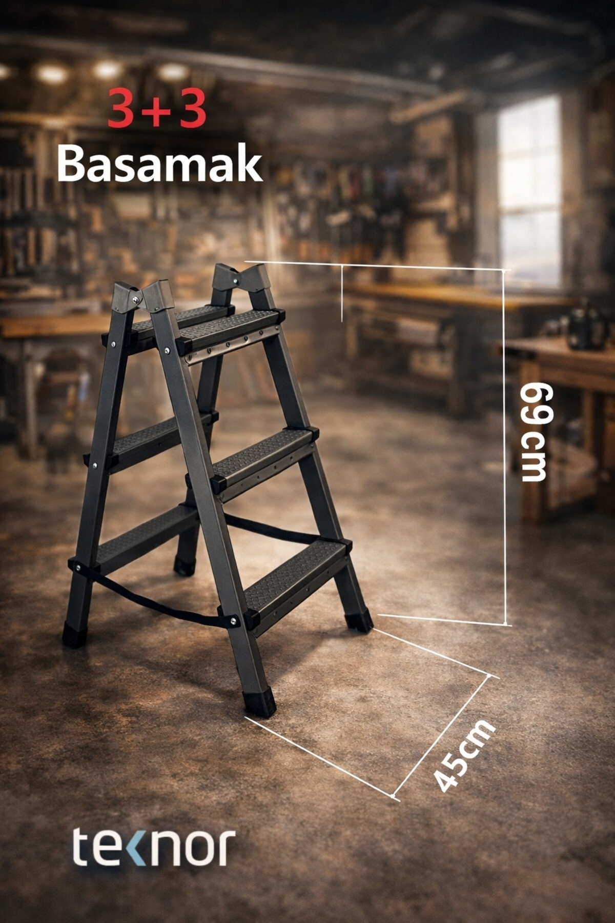 Reyo Kutlu Çift Taraflı Dayanıklı 3+3 Metal Basamaklı Katlanır Merdiven – Kaymaz Basamaklı Ev Tipi Portatif Merdiven