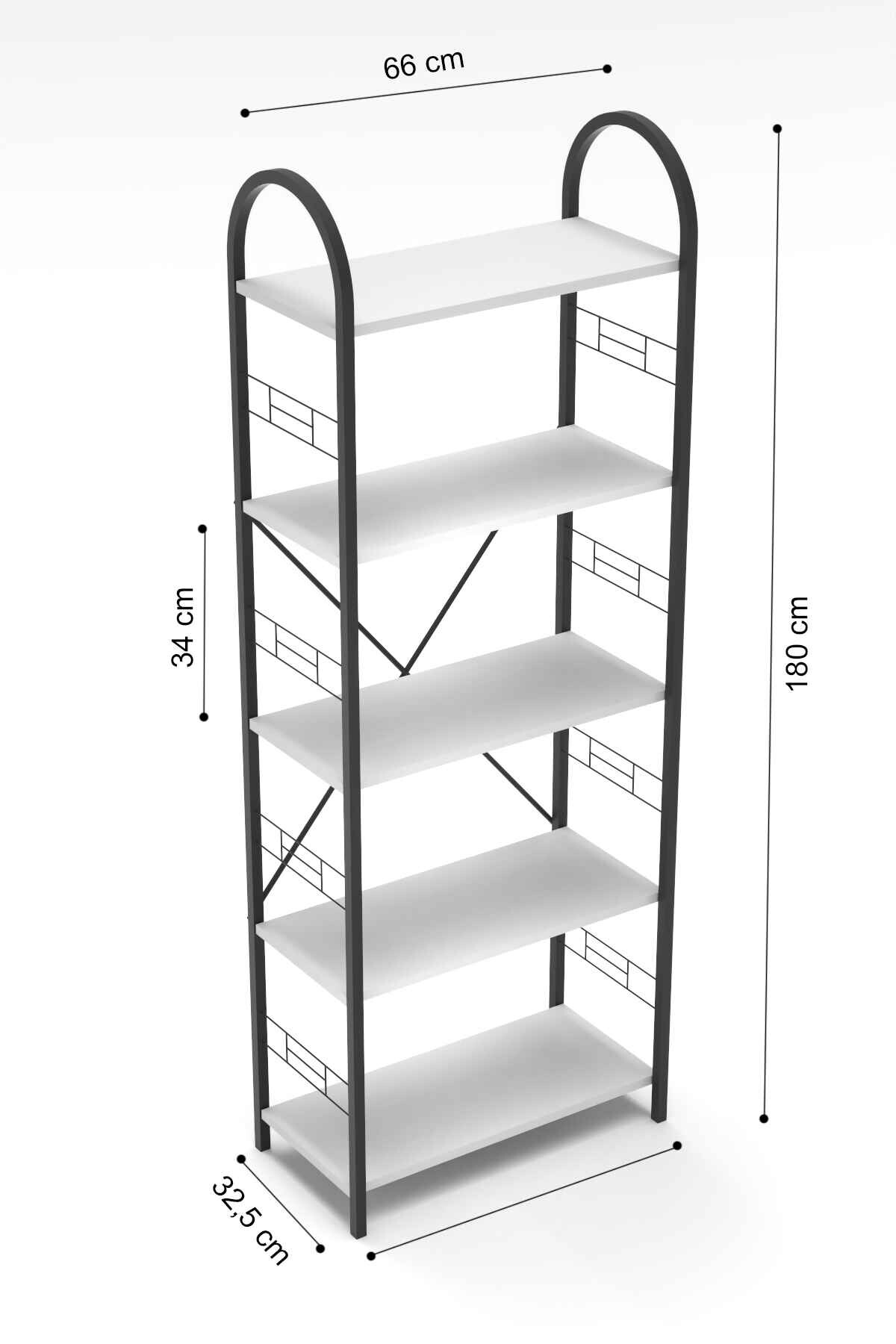 Reyo Falez 5 Geniş Raflı Kitaplık Metal Çerçeveli Modern Raf Çalışma Odası Ofis Salon Kitaplığı Evrak Rafı 180 cm Beyaz