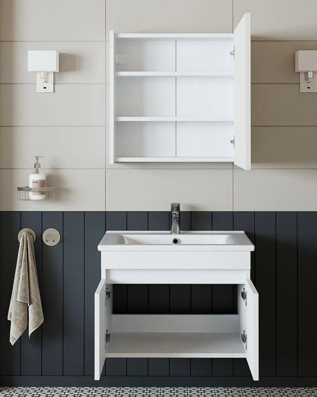 Roomart Al3 Ayaksız 2 Kapaklı Lavabolu Mdf 65 Cm Banyo Dolabı Aynalı Üst Dolabı Mat Beyaz