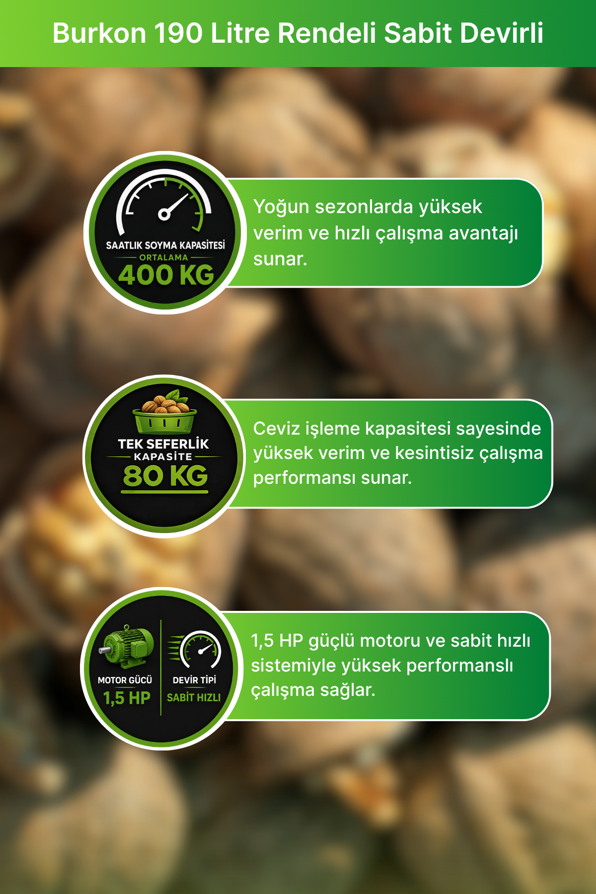 Burkon 190 Litre Rendeli Sabit Devirli Ceviz Soyma Makinesi