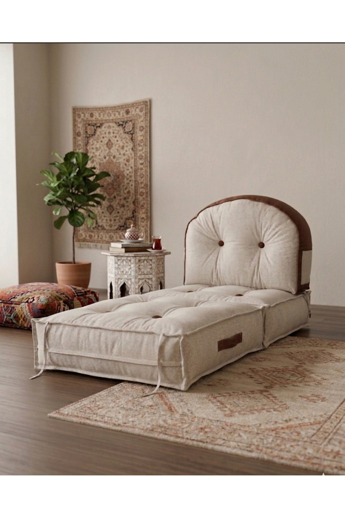 Pufymax Comfy Zen Oval Bohem Tekli Koltuk Yatak Olabilen Katlanır Berjer & Modüler Yer Yatağı 75x75x 90 cm Ekru