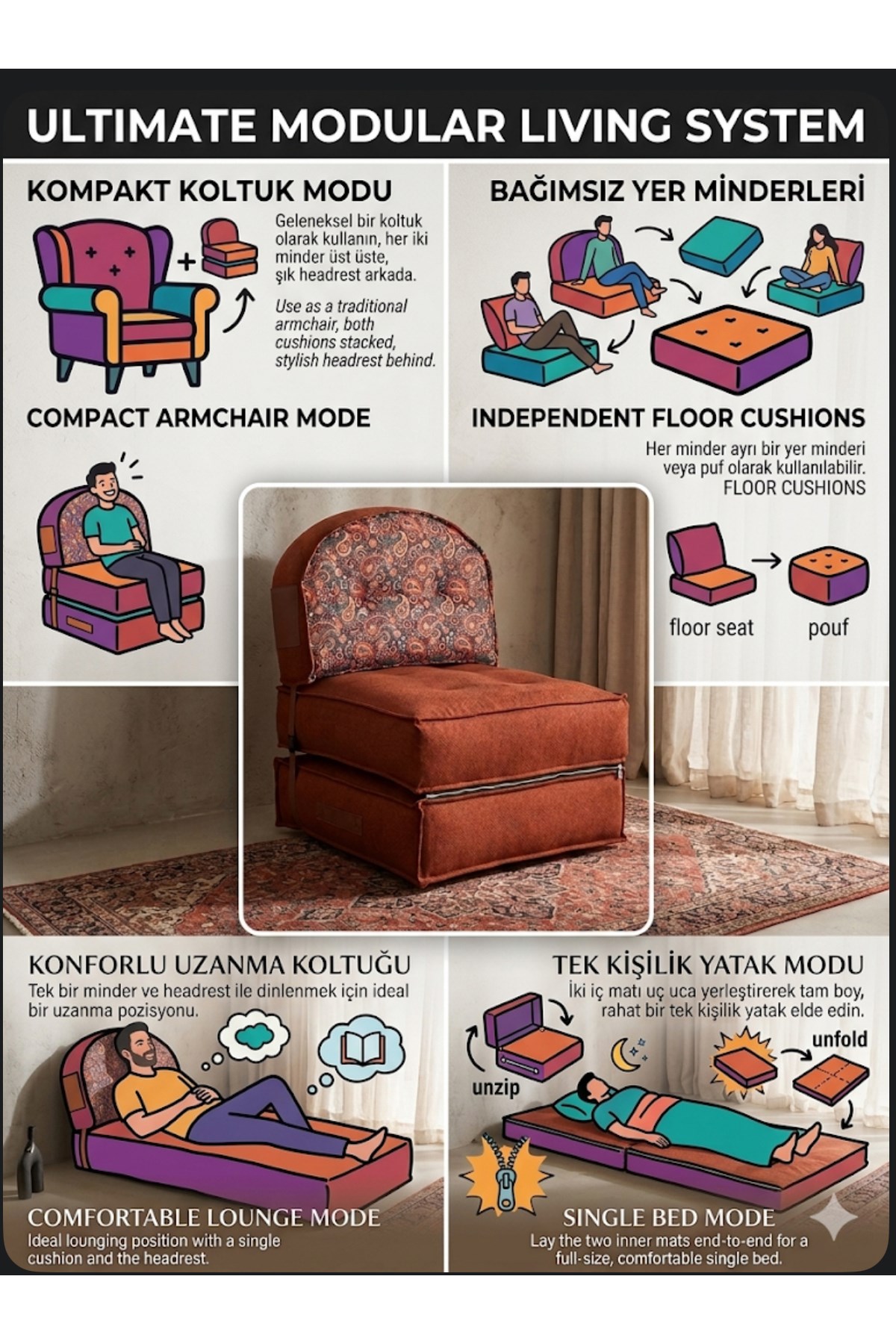 Pufymax Comfy Plus Oval Bohem Tekli Koltuk Yatak Olabilen Katlanır Berjer & Modüler Yer Yatağı 75x75x 90 cm Kiremit Desenli