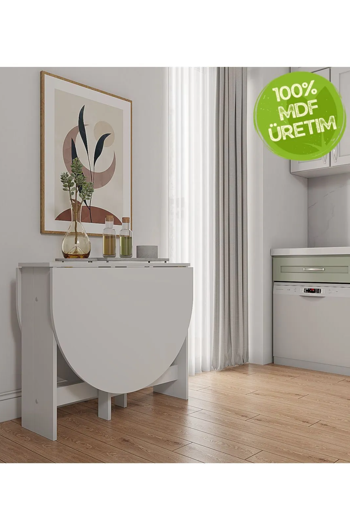 Ankara Orman Ürünleri 145x90cm Pratik Katlanır Açılır Kapanır Yuvarlak Mutfak Yemek Çalışma Masası %100 MDF