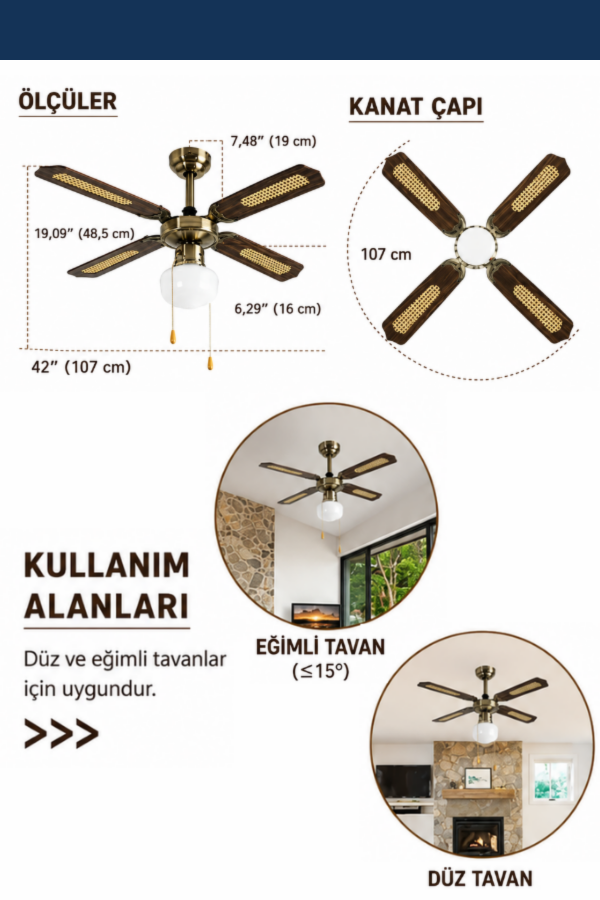 Dlc Poyraz Bakır Motor Lambalı 4 Kanatlı 107cm Tavan Vantilatörü Ahşap