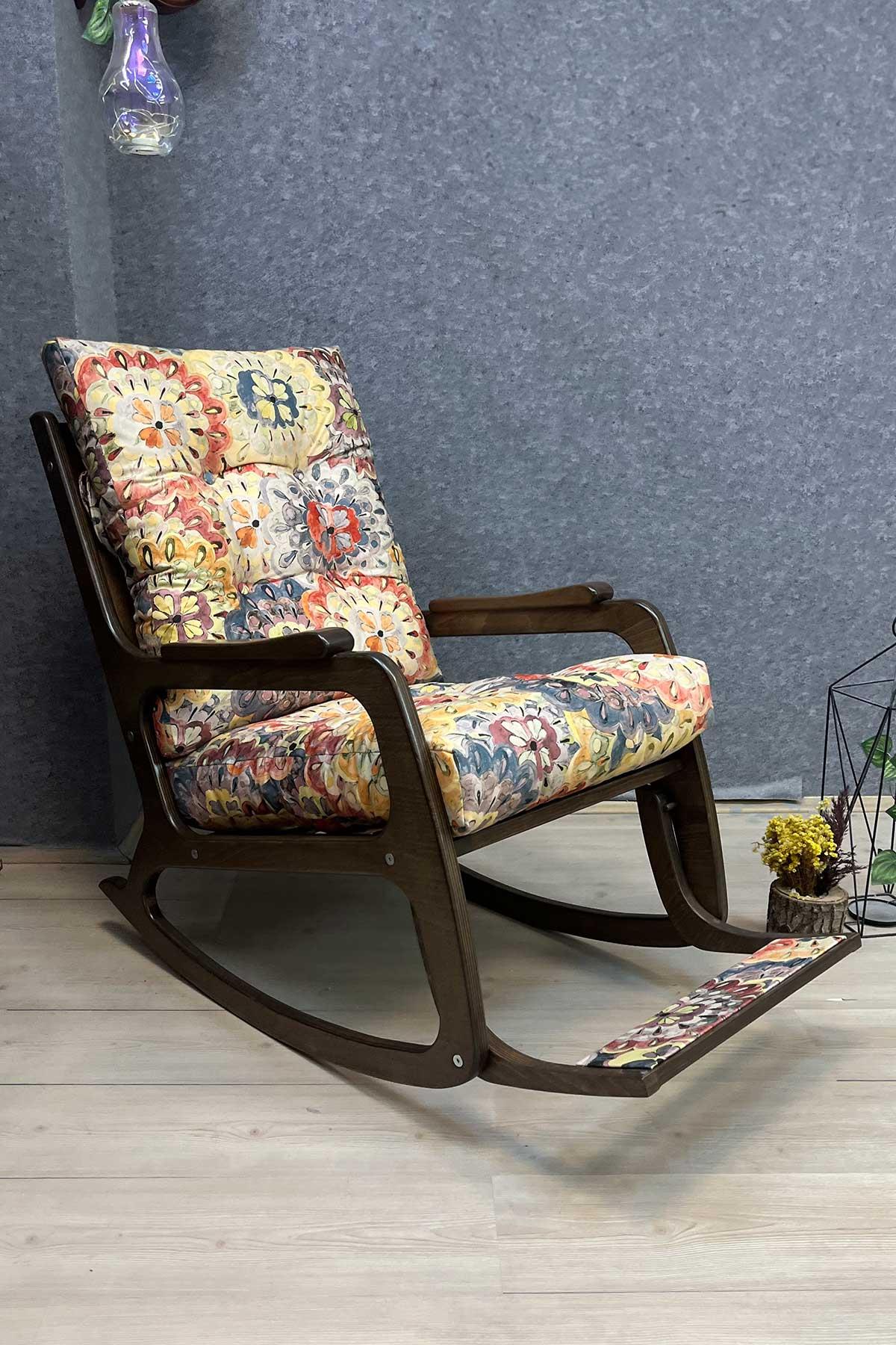 Asedia Kontes Ceviz Çiçek Desenli Dolgu Minderli Sallanan Sandalye Dinlenme Koltuğu Baba Koltuğu