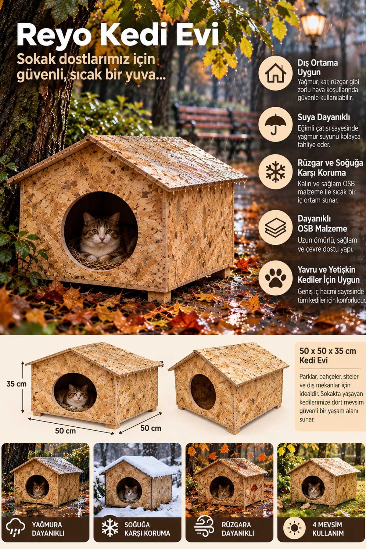 Reyo 50x50x35 cm Kedi Evi, Dış Ortama, Rüzgar ve Soğuğa Dayanıklı Ahşap Kedi Yuvası, Yavru ve Yetişkin Kediler İçin Barınak OSB CAT17