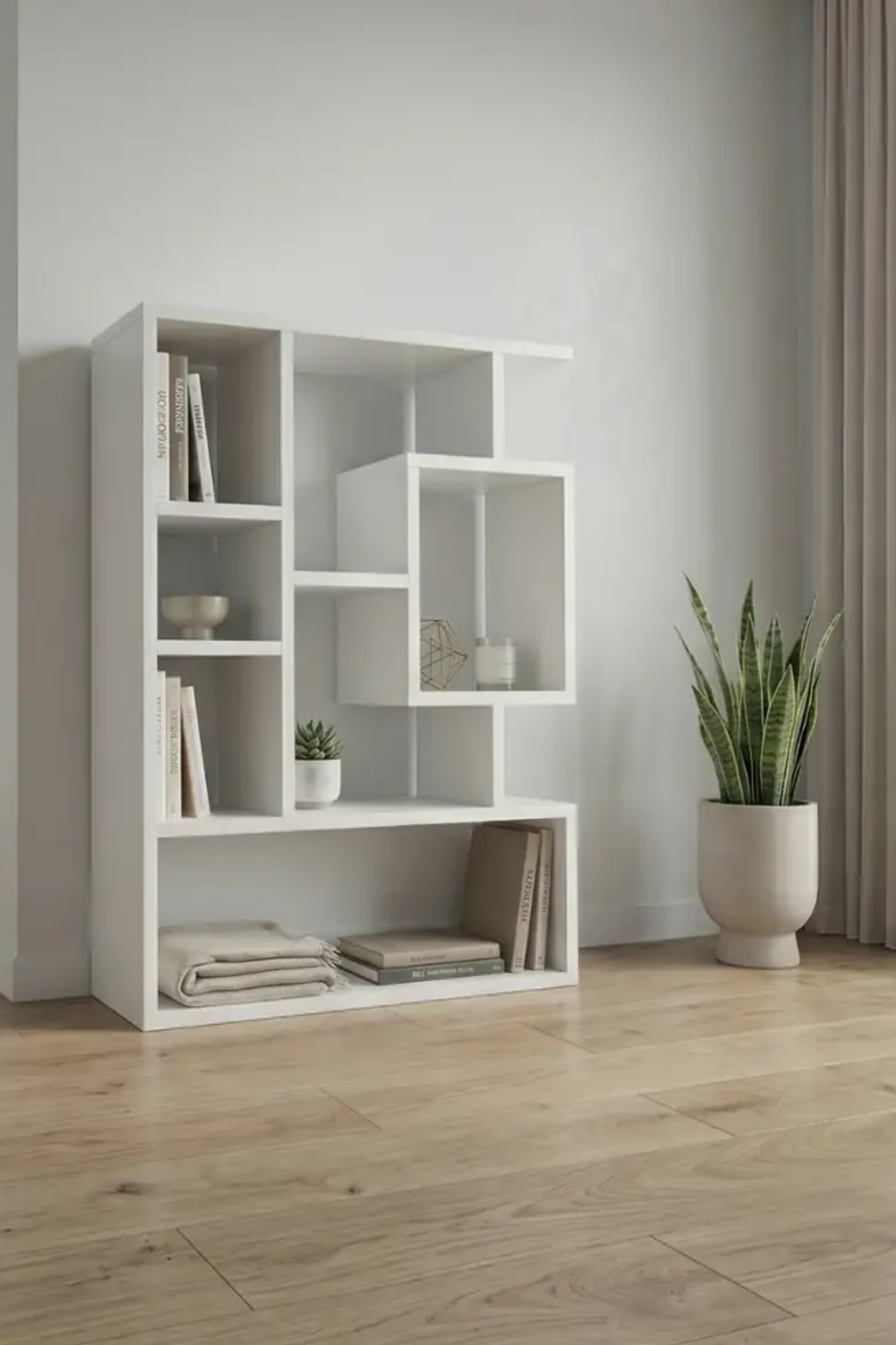 Enda Home Bigane Büyük Dekoratif Duvar Rafı 70,9 × 93,6 cm, Asimetrik Çok Bölmeli Duvara Monte Raf - Mat Beyaz