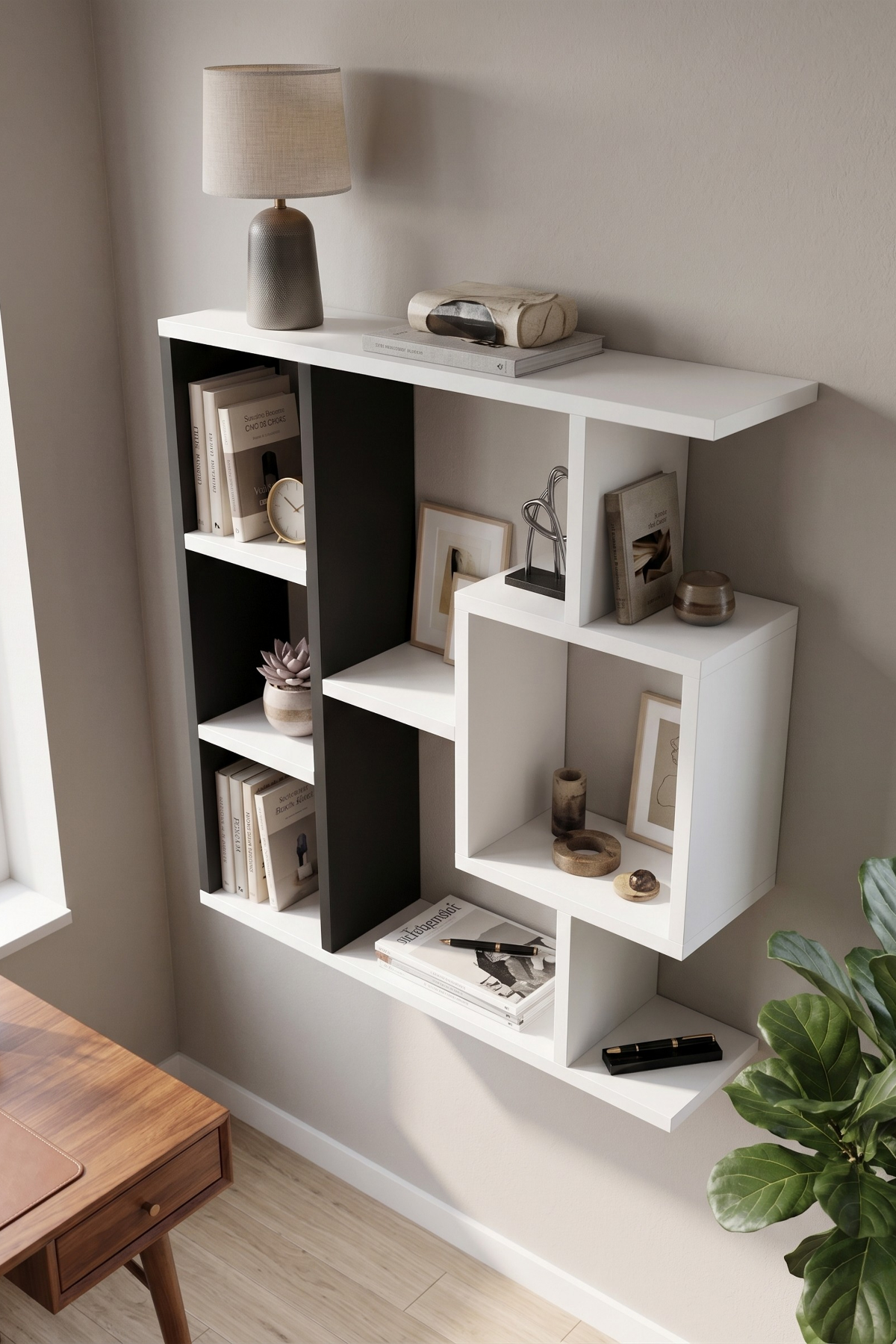 Enda Home Yegane Duvar Rafı, Duvar Kitaplığı, Dekoratif Kitaplık, Modern Kitaplık, Zeminde veya Duvarda Kullanıma Uygun Antrasit - Beyaz