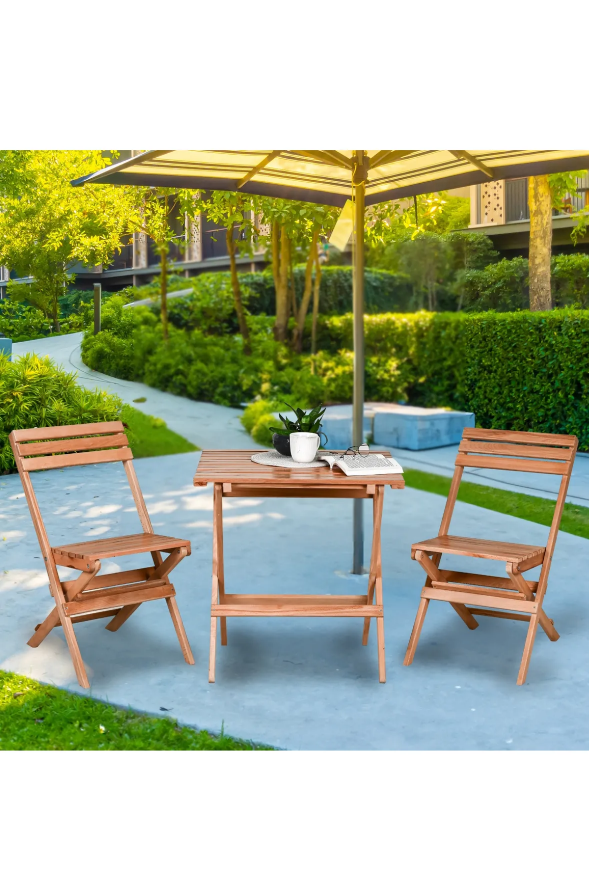BySay Ahşap Katlanır Puf Minderli 3'lü Bistro Set Bahçe Takımı Naturel