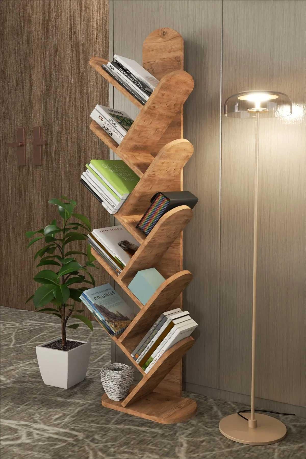 Reyo Falez Kitaplık 10 Raflı Dekoratif Bölmeli Ev Ofis Çok Amaçlı Ceviz