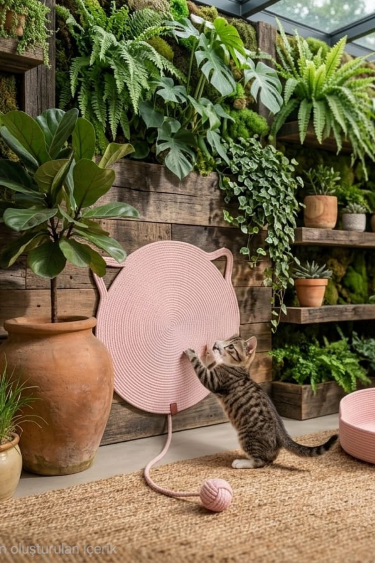 Reyo Pet El Yapımı Oyuncaklı Kedi Tırmalama Matı Tress İpli Pembe