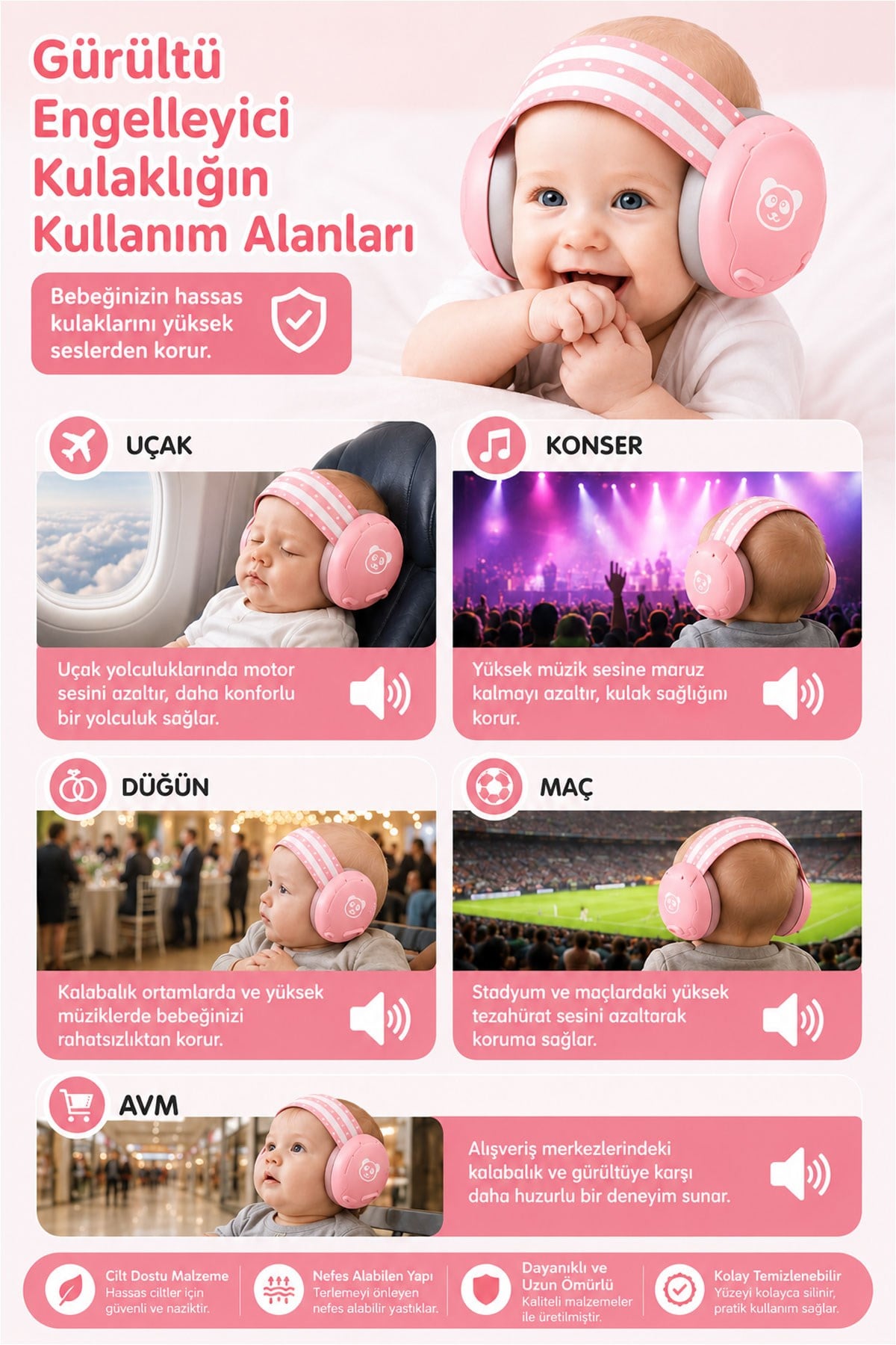 Reyo Bebek Gürültü Önleyici Kulaklık, İşitme Koruyucu Bebek Kulaklığı, Konser, Uçak, Seyahat, Düğün ve Maç İçin Gürültü Azaltıcı Bebek Kulaklığı 0-4 Yaş Pembe