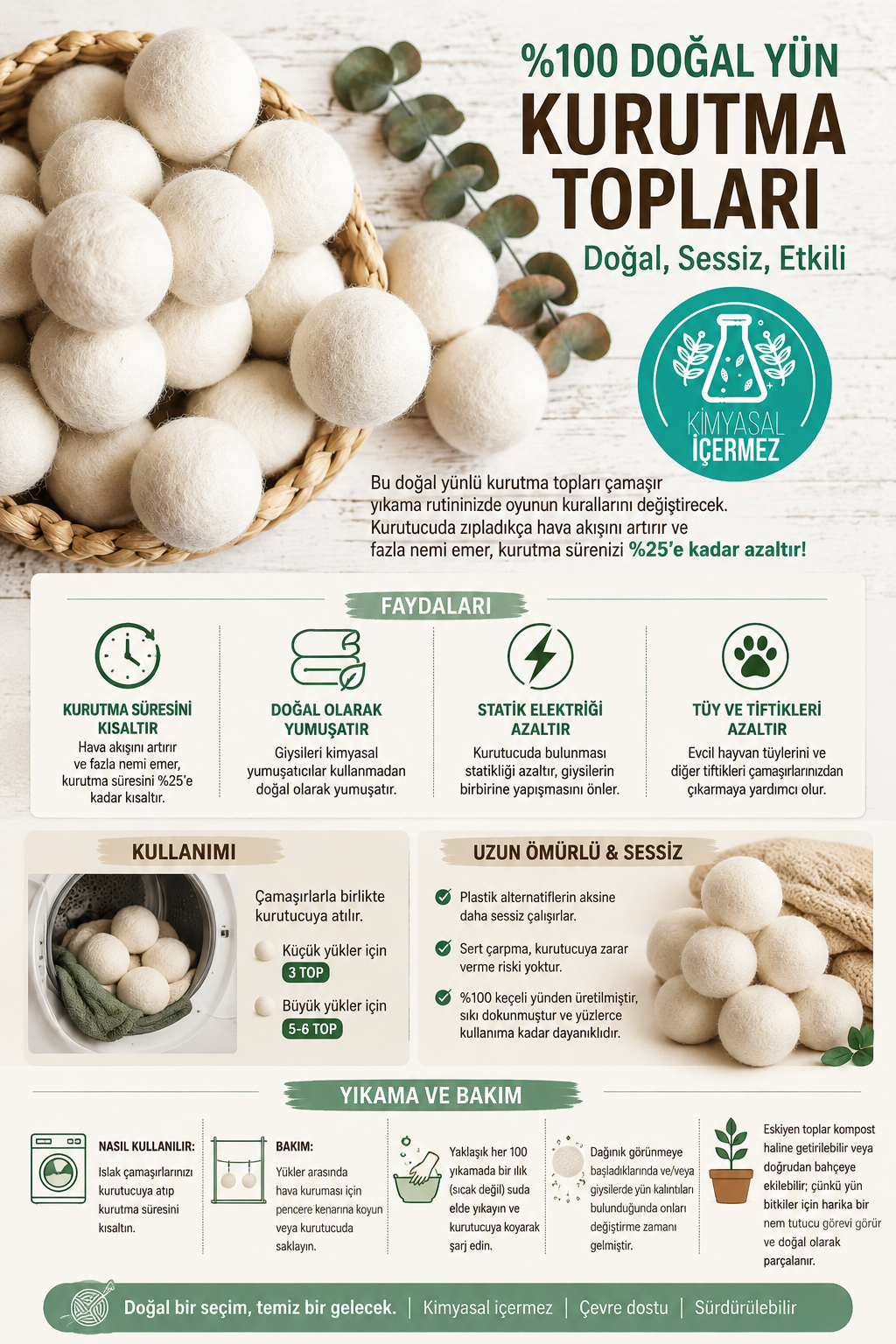Reyo 6 Adet %100 Merinos Yünü Xl Çamaşır Yün Kurutma Topu 