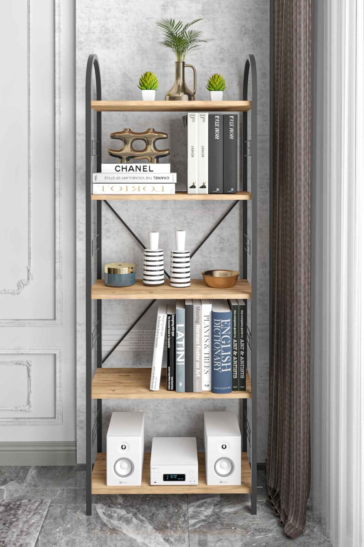 Reyo Falez 5 Geniş Raflı Kitaplık Metal Çerçeveli Modern Raf Çalışma Odası Ofis Salon Kitaplığı Evrak Rafı 180 cm Atlantik Çam
