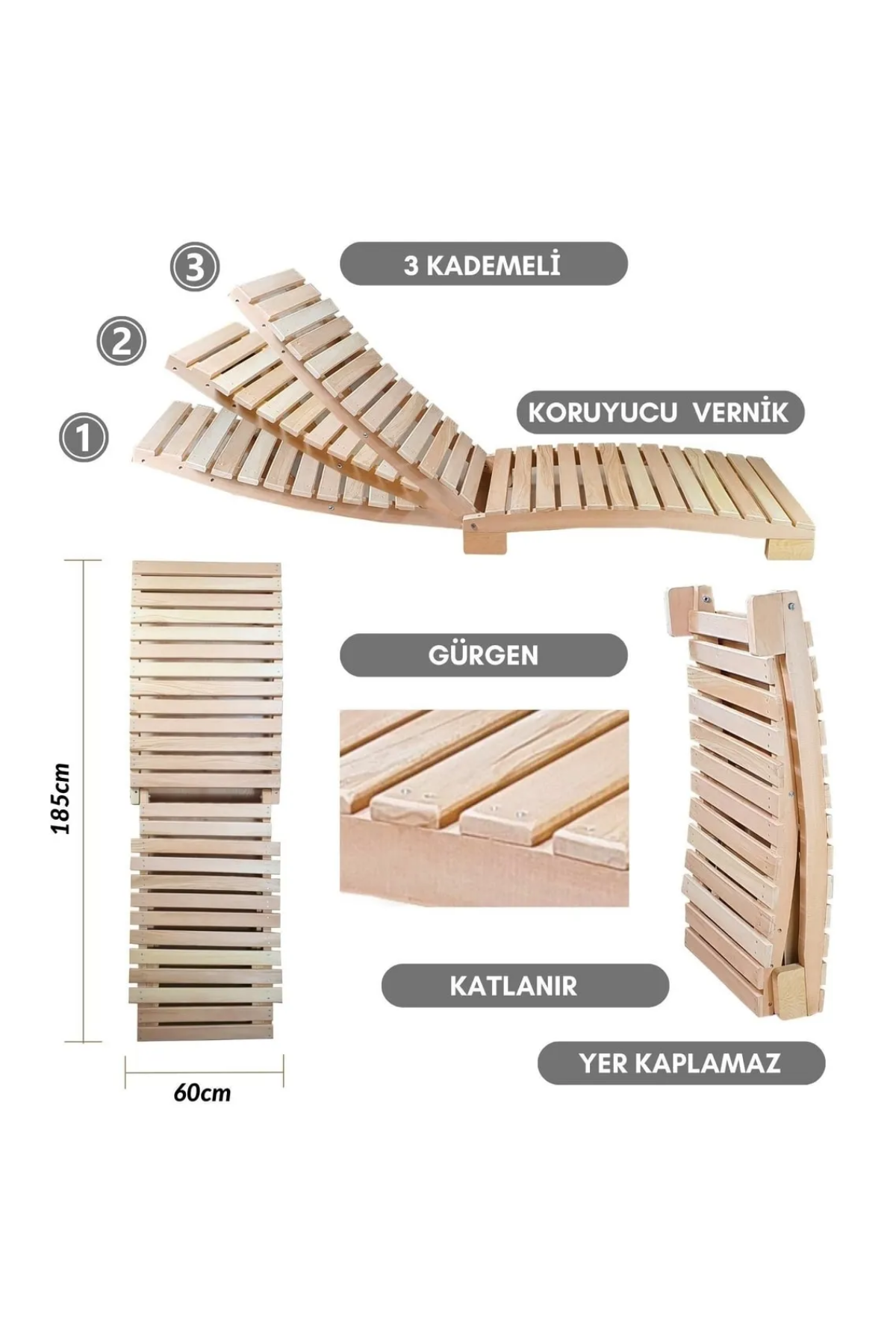 Bysay Ahşap Katlanabilir Yatar Şezlong 3 Kademe Plaj Yatağı 3'lü Set Naturel