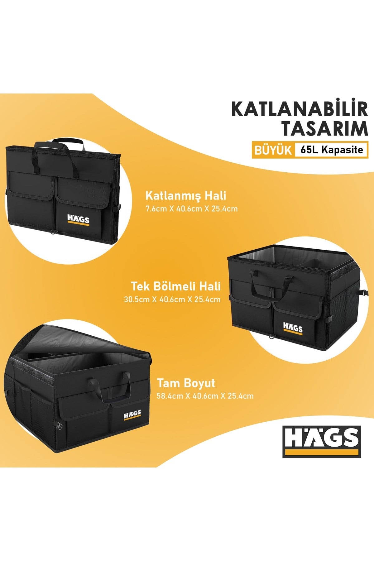 Haegs Araba Bagaj Çantası, Araç içi Düzenleyici Organizer, Katlanabilir Oto Bagaj Düzenleyici, Oto Aksesuarları, Araba Alet Eşya Düzenleyici - 65 Lt- Siyah