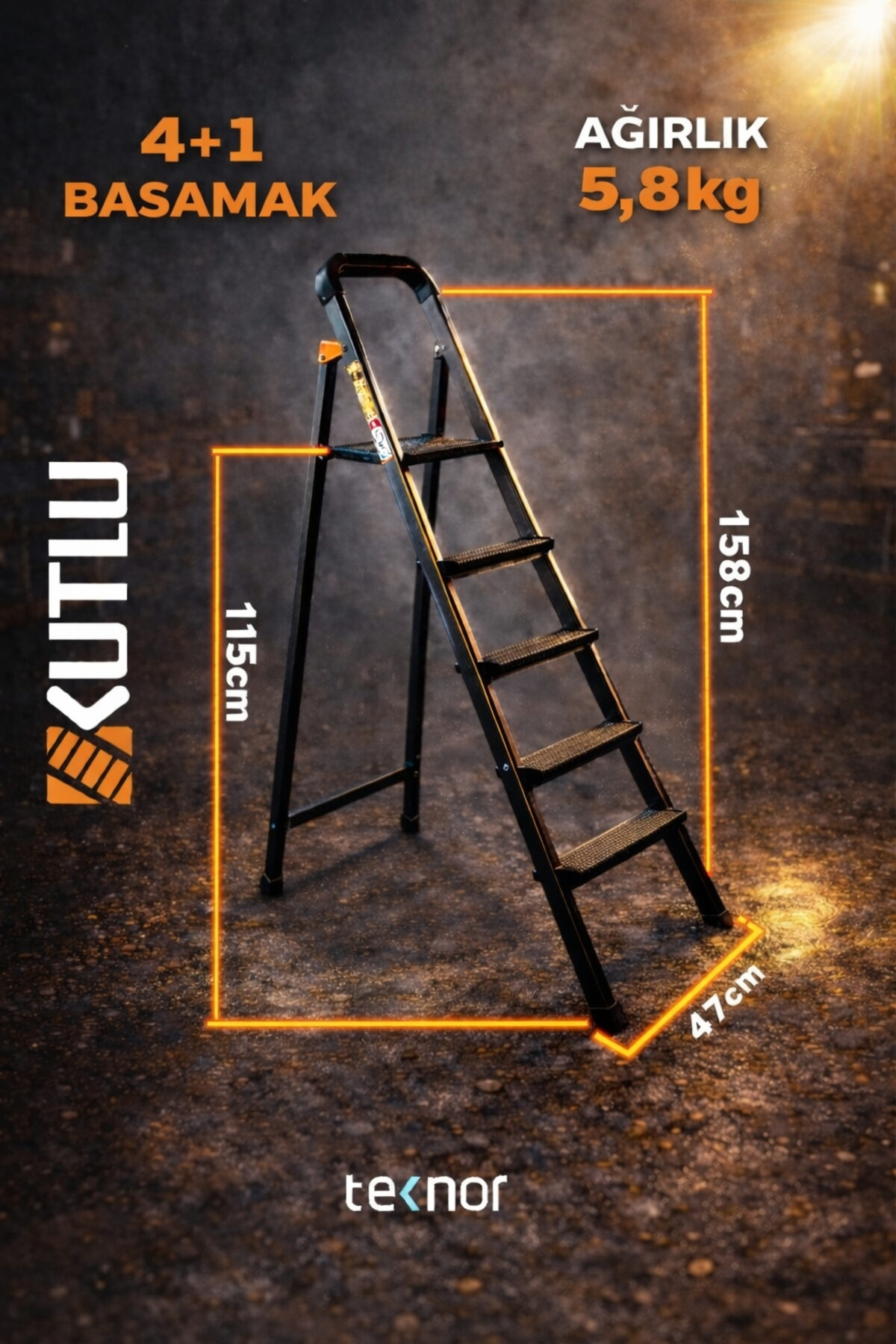 Reyo Kutlu Dayanıklı 4+1 Metal Basamaklı Katlanır Merdiven – Kaymaz Basamaklı Ev Tipi Portatif Merdiven