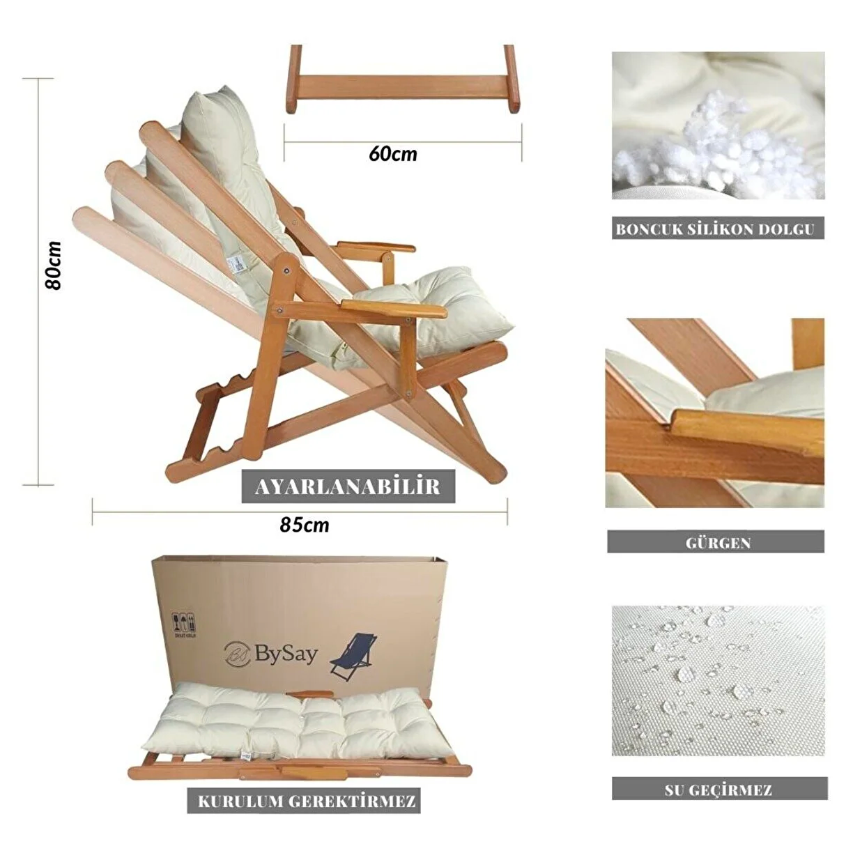 Bysay Ahşap Katlanabilir Taşinir Puf Minderli Kollu Şezlong Plaj Bahçe Teras Balkon Sandalyesi Koltuğu Takimi 4 Lü Set Krem
