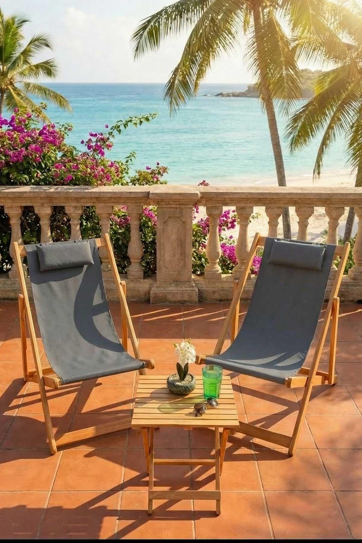 Bysay Ahşap Katlanabilir Taşinır Şezlong Plaj Bahçe Teras Balkon Sandalyesi 3'lü Takım Antrasit