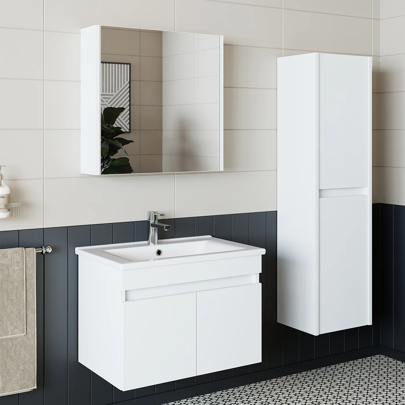 Roomart Tm3 Ayaksız 2 Kapaklı Lavabolu Beyaz Mdf 65 Cm Banyo Dolabı Aynalı Üst Dolap Boy Dolabı