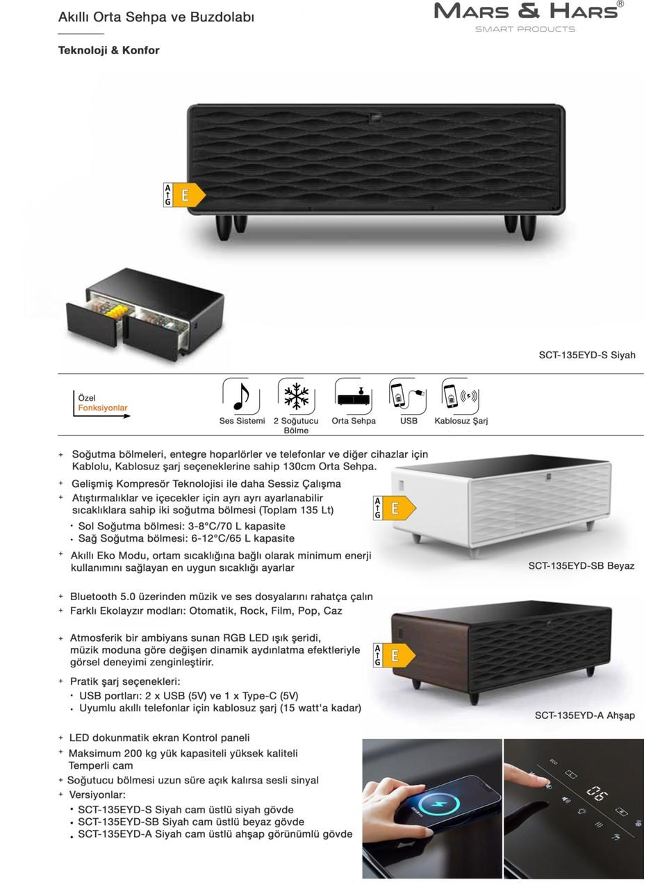 Mars&Hars SCT135B Kompresörlü Akıllı Sehpa Buzdolabı Bluetooth Haparlör-Beyaz Renk