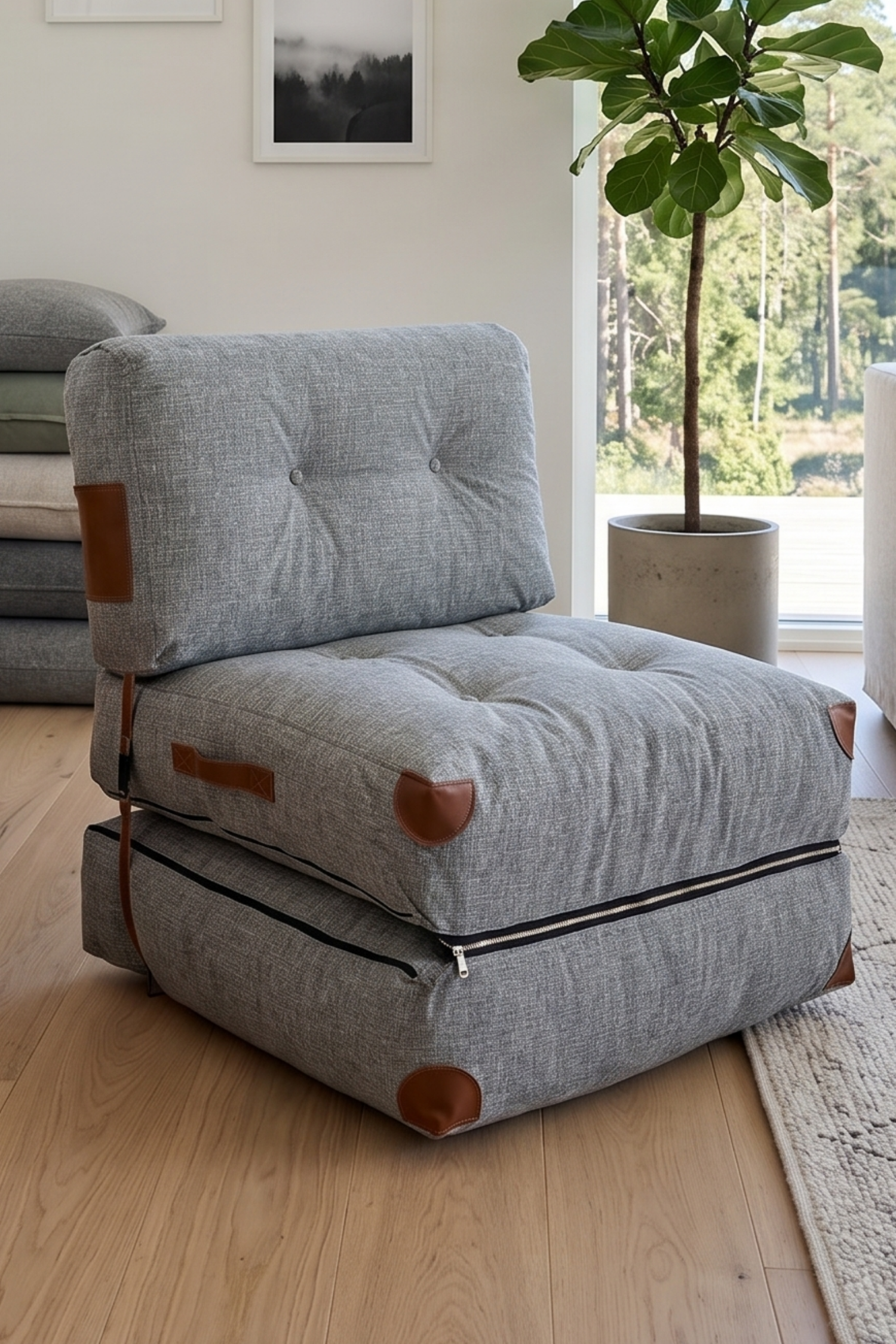 Pufymax Comfy Yeni Nesil Bohem Tekli Koltuk Yatak Olabilen Katlanır Berjer & Modüler Yer Yatağı 75x75x 85 cm Keten Gri