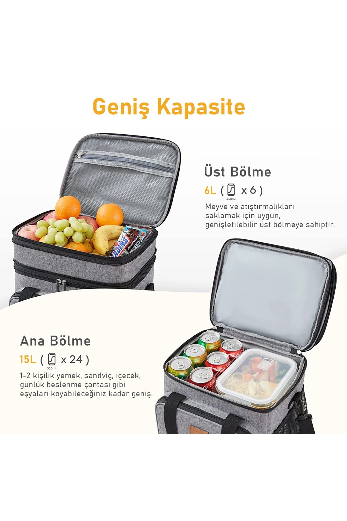 Haegs Körüklü Termal Termos Çanta, Çift Bölmeli, Yalıtımlı Beslenme Çantası, Soğutucu Buzluk Yemek Taşıma Çantası 21L - Siyah