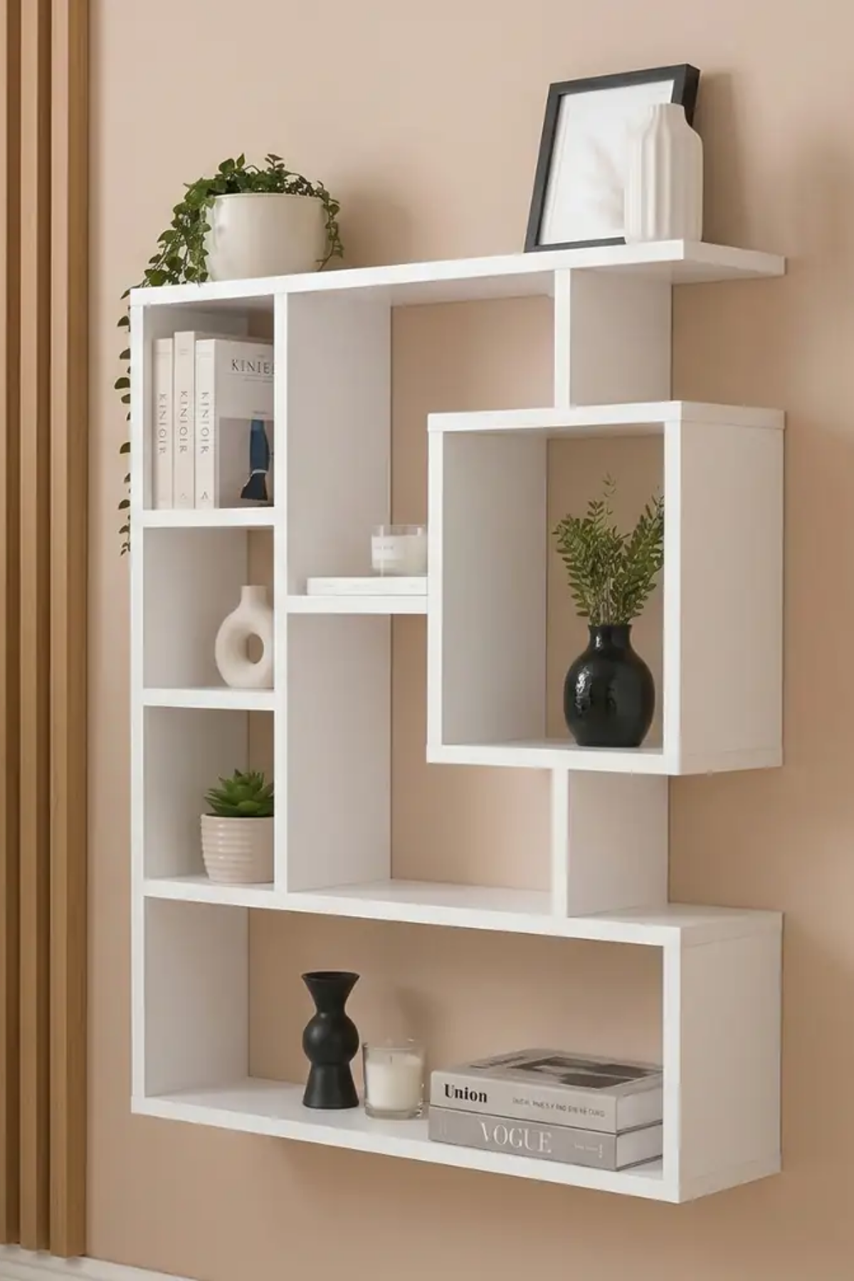 Enda Home Bigane Büyük Dekoratif Duvar Rafı 70,9 × 93,6 cm, Asimetrik Çok Bölmeli Duvara Monte Raf - Mat Beyaz