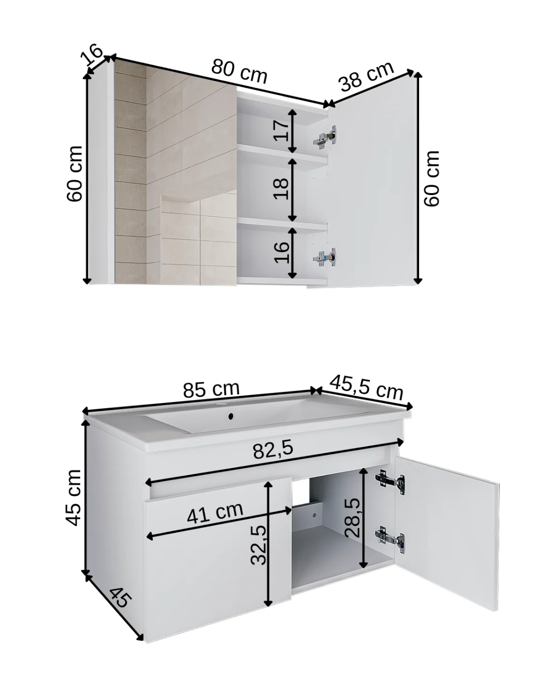 RoomArt Al3 Ayaksız 2 Kapaklı Lavabolu Mdf 85 Cm Banyo Dolabı Aynalı Üst Dolabı Mat Beyaz