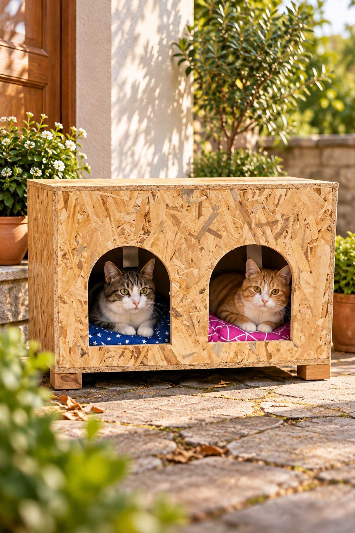 Reyo 2 Bölmeli 2 Minderli Yerden Yüksek Kedi Yuvası, Su ve Isı Yalıtımı İç ve Dış Mekan Kedi Barınağı OSB, Kedi Evi  61x41x36 cm CAT51M