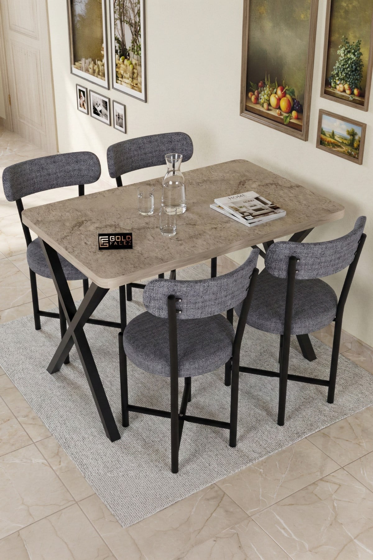 Reyo Falez 110x70 cm Yemek Masası Modern Ahşap Görünümlü Mutfak Ofis Balkon Bahçe Kafe Masası Traverten 9831