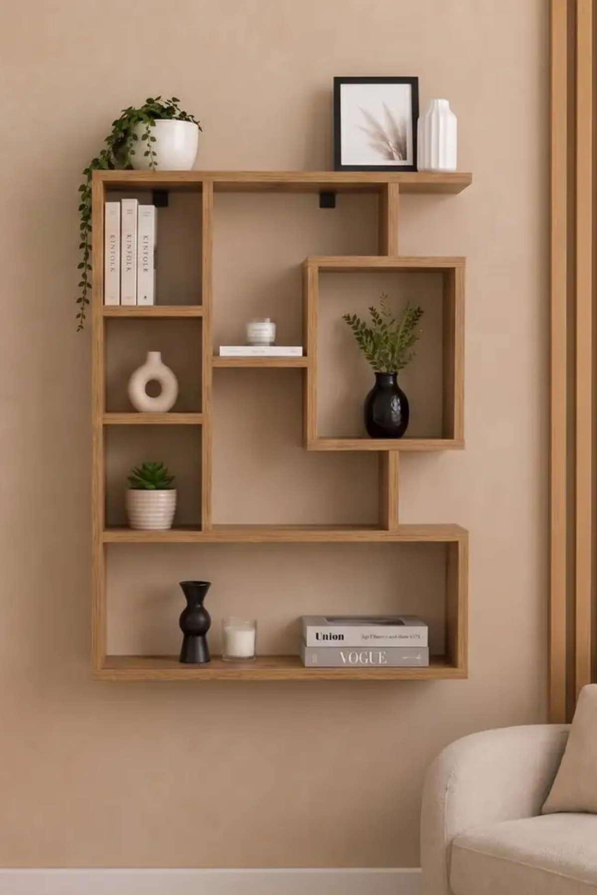 Enda Home Bigane Büyük Dekoratif Duvar Rafı 70,9 × 93,6 cm, Asimetrik Çok Bölmeli Duvara Monte Raf - Atlantik Çam
