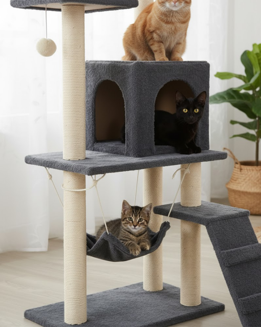 Reyo Pet B-07 Hamaklı Yuvalı Lüx Kedi Tırmalama Oyun Evi Antrasit