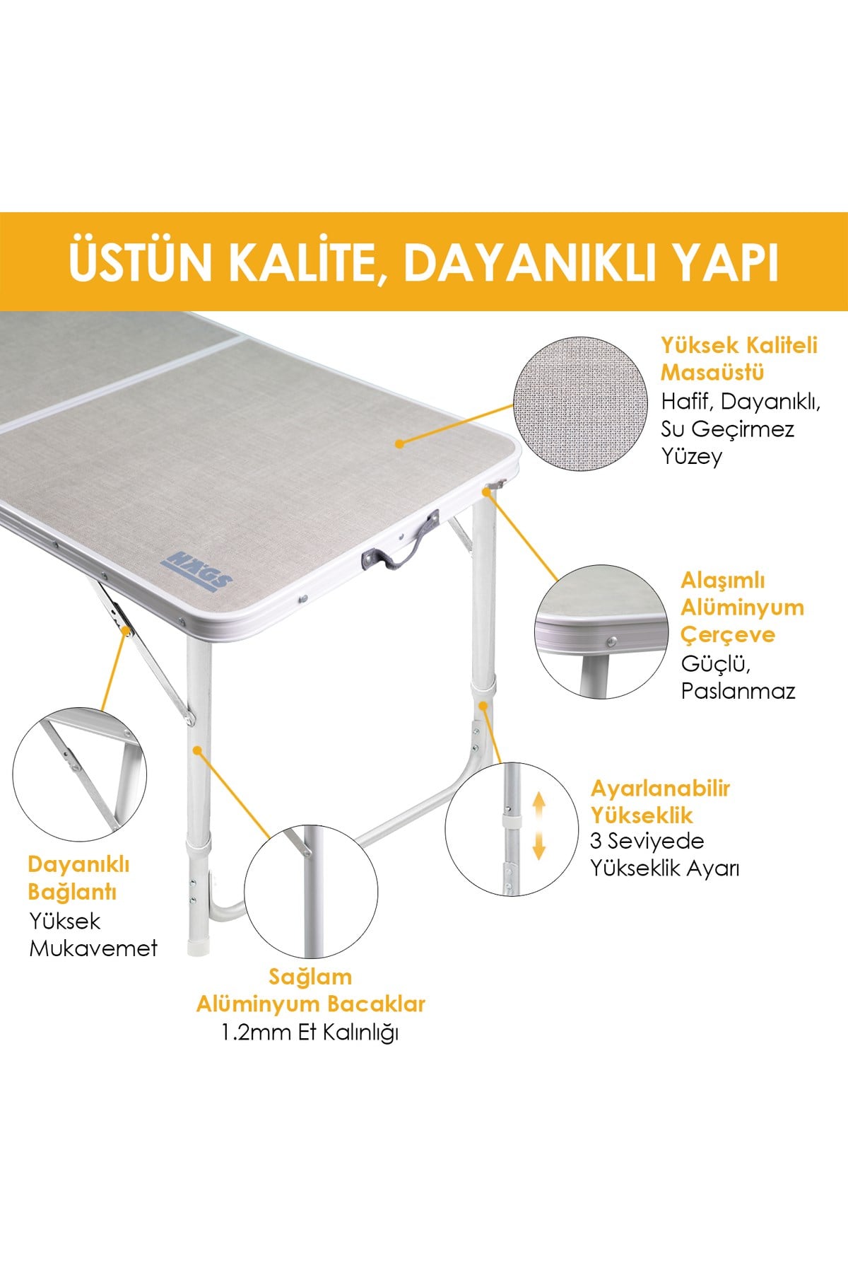 Haegs Portatif Kamp Masası, 2 Yükseklik Ayarlı, Katlanır Piknik Masası, Kolay Taşınabilir Alüminyum Masa 90x50 - Hareli Ceviz