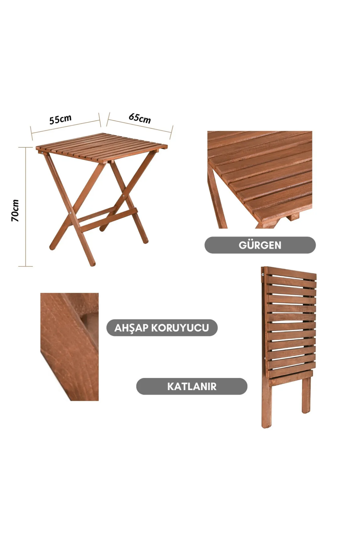 BySay Ahşap Katlanır Minderli 3'lü Bistro Set Mutfak Balkon Bahçe Masa Sandalye Seti Ceviz Gri