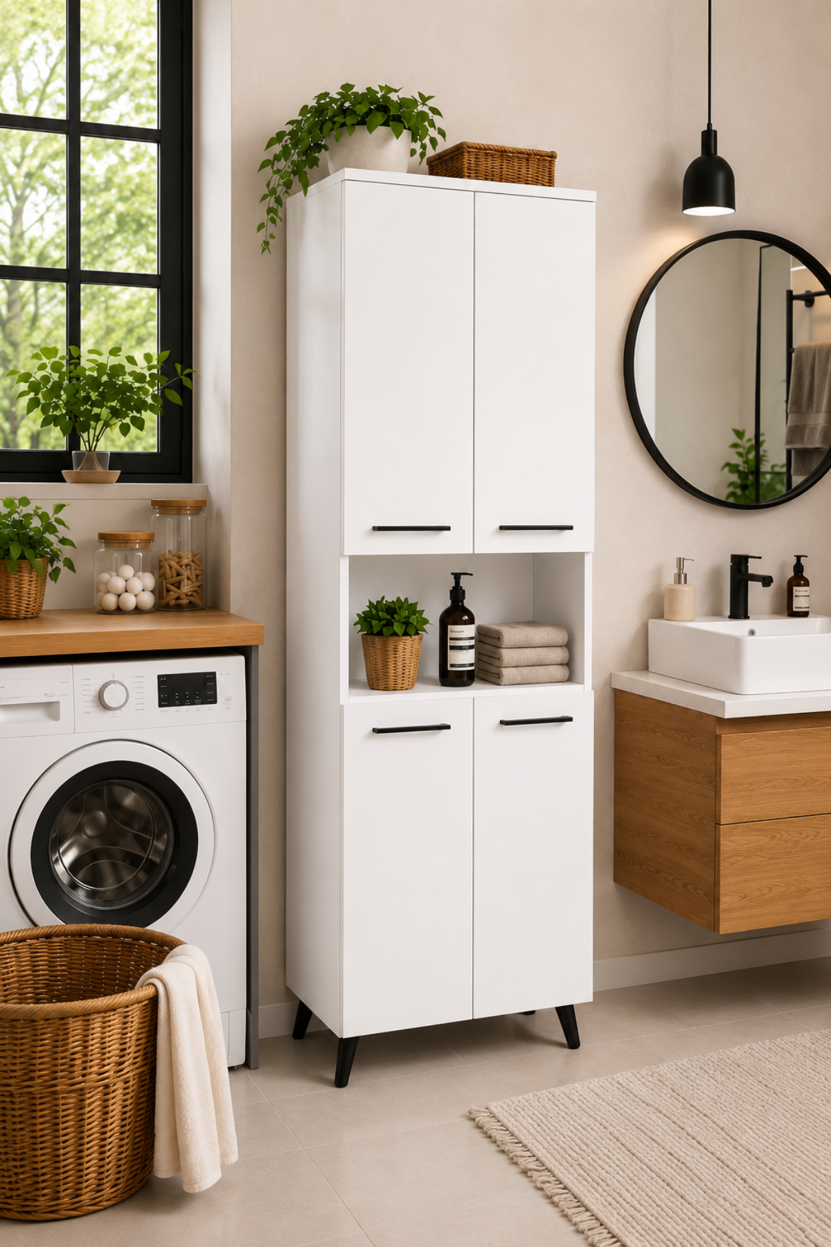 Enda Home Listra 4 Kapaklı Çok Amaçlı Dolap 170,8 cm,  Raflı, Ayaklı Depolama Dolabı - Beyaz